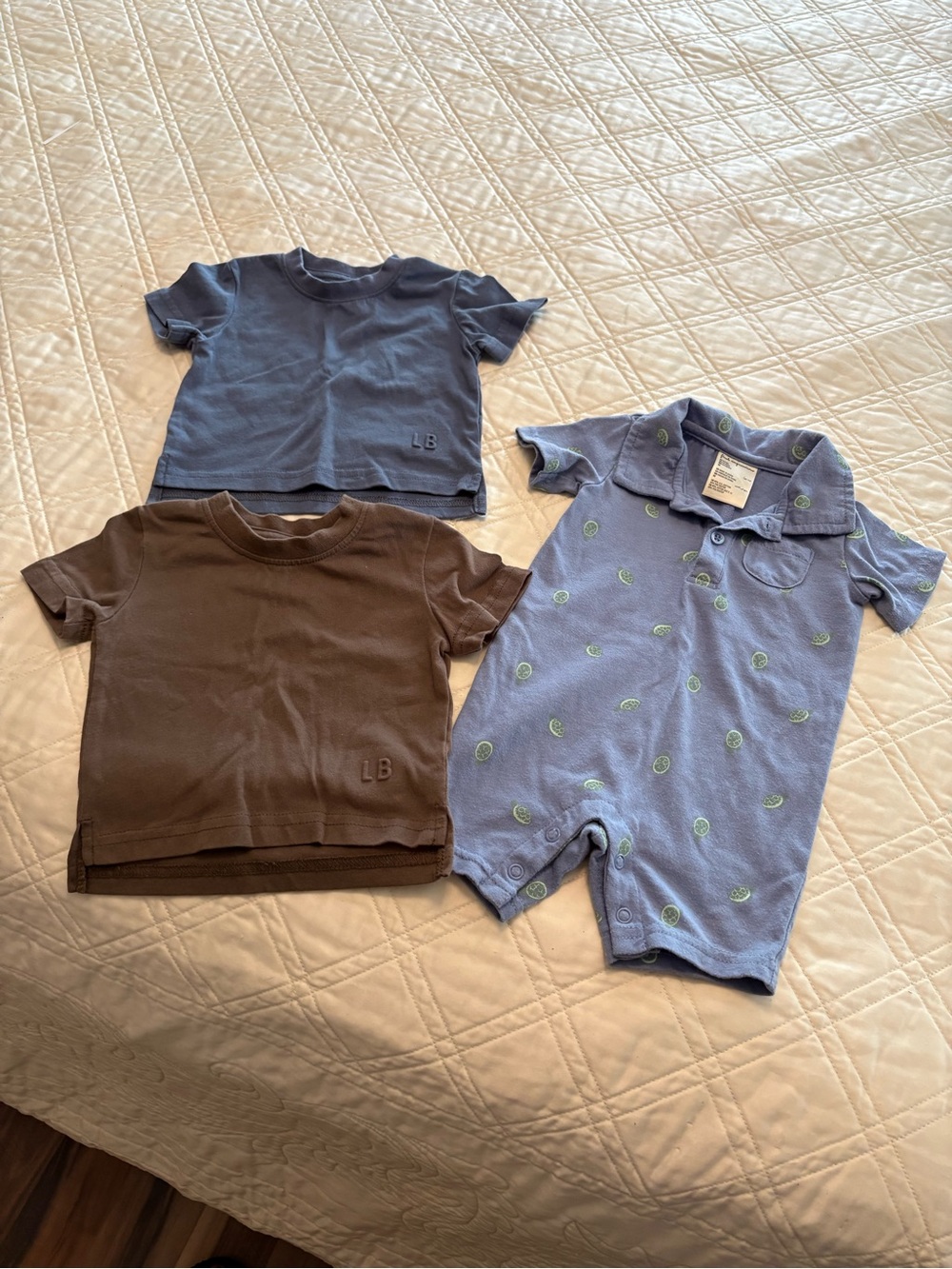 First Impressions Light Blue Polo Romper with Blue and Brown Short Sleeve Tees